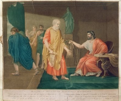 Sophocles (ca. 496-405 v.Chr.) op 83-jarige leeftijd geëerd met een olijfkrans door de Atheense magistraat (kleurgravure) door Etienne Barthelemy Garnier